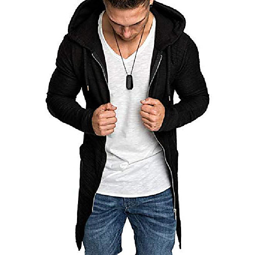 

men swallowtail cardigan windbreaker solid long sleeve hooded jacket zipper long trenchcoat (black, 2xl)