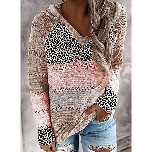 

Women's Knitted Leopard Color Block Pullover Long Sleeve Loose Sweater Cardigans Hooded Fall Winter Black Red Wine