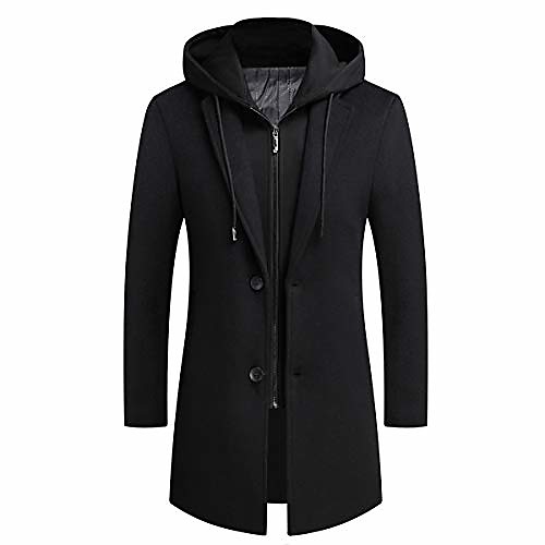 

men's wool coat hoodie long trench coat cotton casual woollen overcoat jacket black