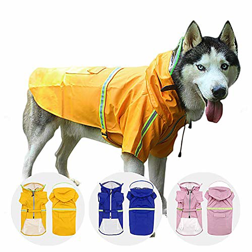 

pet dog raincoat | dog poncho jacket with reflective strip | adjustable pet waterproof clothes | lightweight rain jacket with hoodies for medium large dogs | perfect dog rain gear option