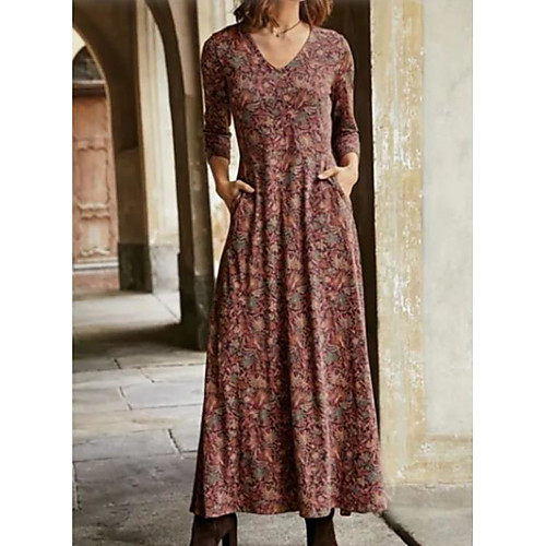 

Women's A Line Dress Maxi long Dress Blue Red Yellow Green Long Sleeve Print Patchwork Print Fall V Neck Casual 2021 S M L XL XXL 3XL