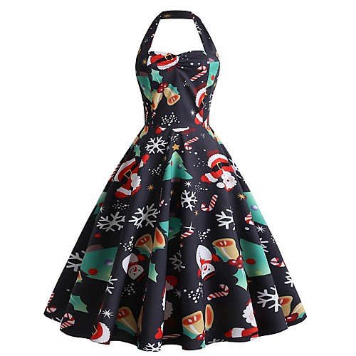 

Women's Swing Dress Midi Dress White Black Red Yellow Wine Green Sleeveless Print Backless Print Fall Halter Neck Elegant Vintage Christmas 2021 S M L XL XXL