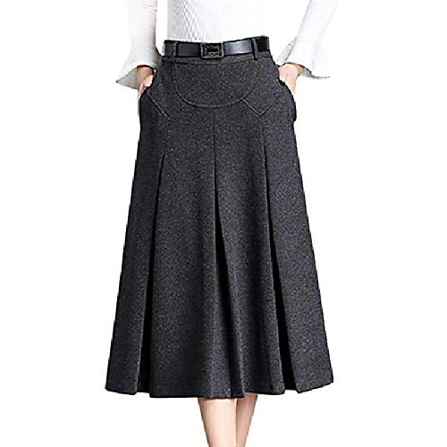

womens winter high waist a-line pleated wool long skirt with waist loops dark gray x small