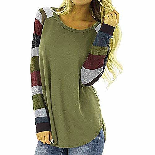 

women round collar tops t shirt stripe casual tunic ladies loose long sleeve blouse (b-khaki, xxl)