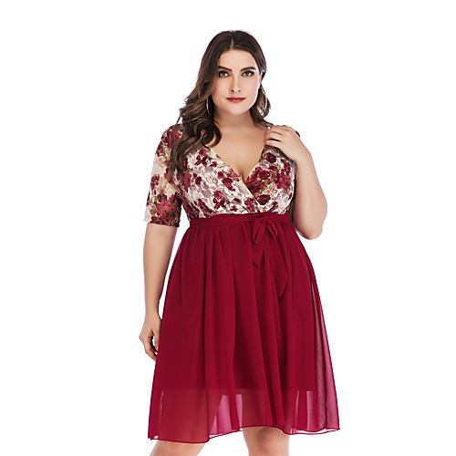 

Women's A Line Dress Short Mini Dress Black Wine Short Sleeve Floral Lace up Print Fall Summer V Neck Elegant Cotton 2021 XL XXL 3XL 4XL 5XL / Plus Size