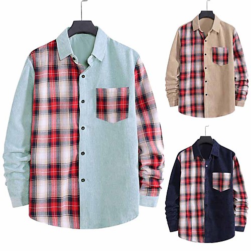 

Men's Shirt non-printing Color Block Plus Size Patchwork Long Sleeve Daily Tops Corduroy Elegant Vintage Black Blue Khaki