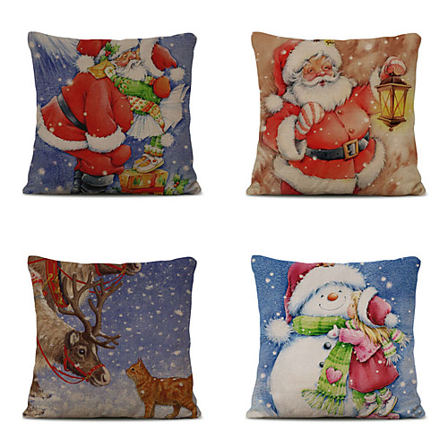 

Set of 4 Linen Pillow Cover Cartoon Traditional Christmas Throw Christmas Snowflake Santa Claus Pillow 4545cm