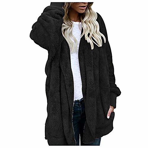 

women coat, whear fuzzy fleece hoodies cardigan open front plush parka faux fur outerwear jacket with pockets(black, s)