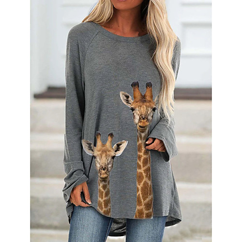 

Women's T-shirt Animal Long Sleeve Print Round Neck Tops Cotton Basic Basic Top White Blue Khaki