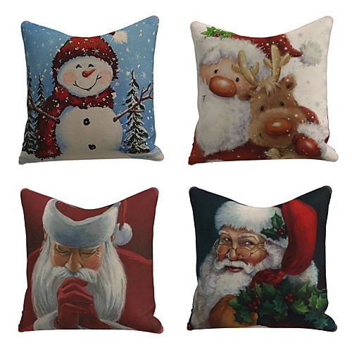 

Set of 4 Linen Pillow Cover Special Design Cartoon Traditional Christmas Throw Santa Claus Snowman Pillow 4545cm