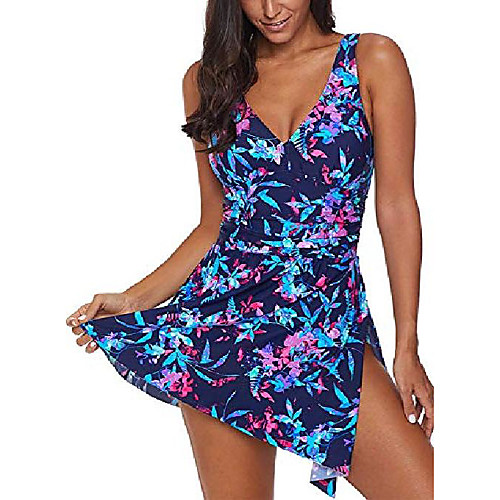 

womens one piece swimsuits skirted swimwear floral printed with shorts bathing suits dark blue
