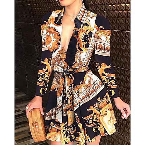 

Women's A Line Dress Short Mini Dress White Black Blue Red Yellow Dusty Blue Navy Blue Long Sleeve Print Patchwork Print Fall Spring Sexy 2021 S M L XL XXL