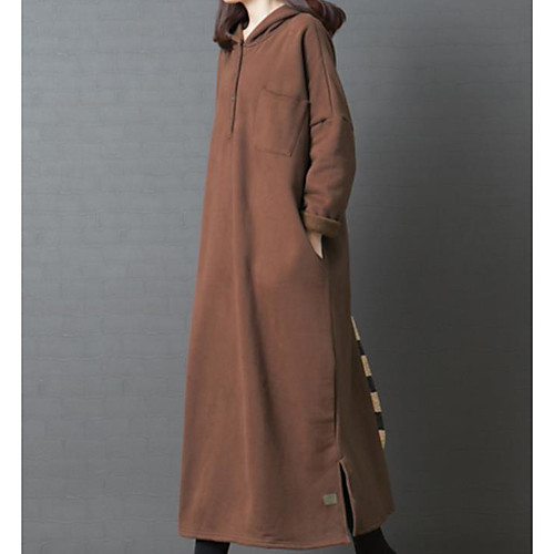 

Women's Swing Dress Midi Dress Green Brown Long Sleeve Solid Color Pocket Patchwork Fall Spring Hooded Casual Cotton Oversized 2021 L XL