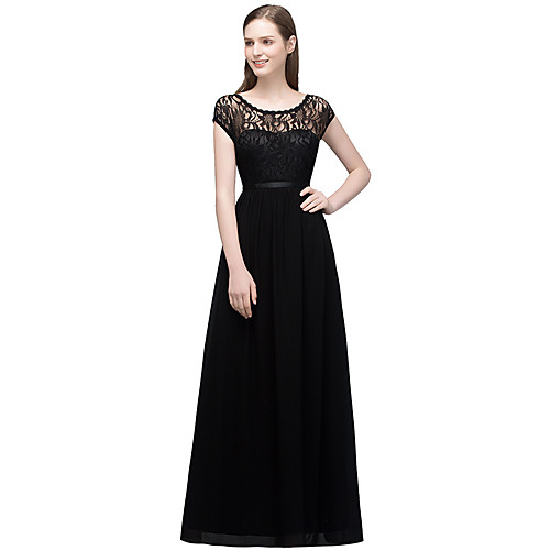 

A-Line Minimalist Elegant Party Wear Formal Evening Dress Illusion Neck Sleeveless Floor Length Lace with Pleats 2021