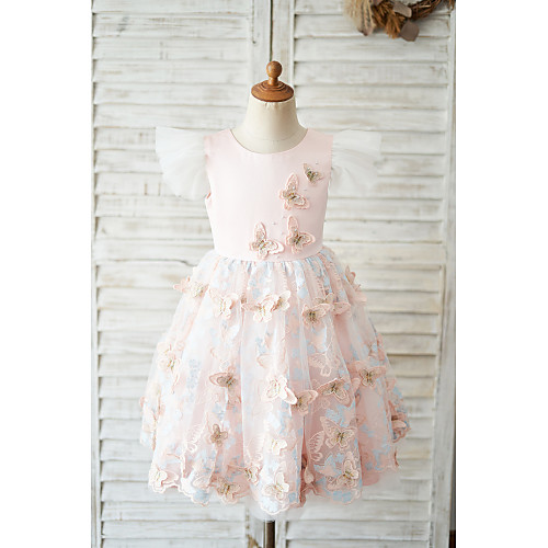 

Ball Gown Knee Length Wedding / Birthday Flower Girl Dresses - Tulle Cap Sleeve Jewel Neck with Butterfly Design / Bow(s)