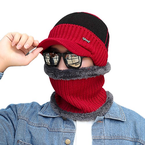 

Men's Hiking Cap Beanie Hat 1 PCS Winter Outdoor Windproof Warm Soft Thick Neck Gaiter Neck Tube Skull Cap Beanie Patchwork Woolen Cloth Black Red Dark Blue for Fishing Climbing Running