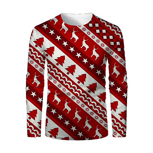 

Men's T shirt 3D Print Striped Graphic 3D Print Long Sleeve Christmas Tops Red