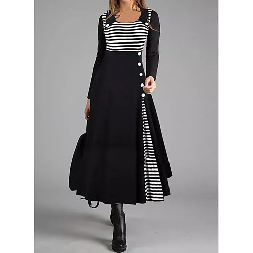 

Women's Shift Dress Maxi long Dress Long Sleeve Striped Button Fall Winter Square Neck Casual 2021 Black M L XL XXL 3XL