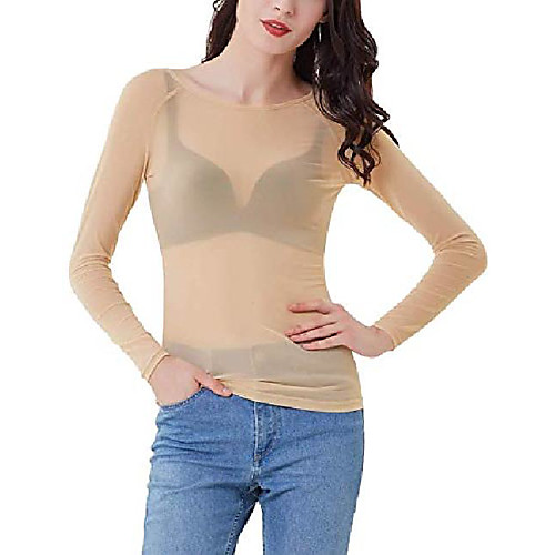 

women's casual mesh long sleeve see through tops sheer blouse shirt skin s