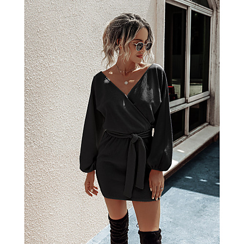 

Women's Shift Dress Short Mini Dress Black Light gray Beige Long Sleeve Solid Color Patchwork Fall Spring V Neck Casual Lantern Sleeve 2021 S M L XL