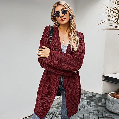 

Women's Knitted Solid Color Plain Cardigan Long Sleeve Sweater Cardigans V Neck Fall White Black Red