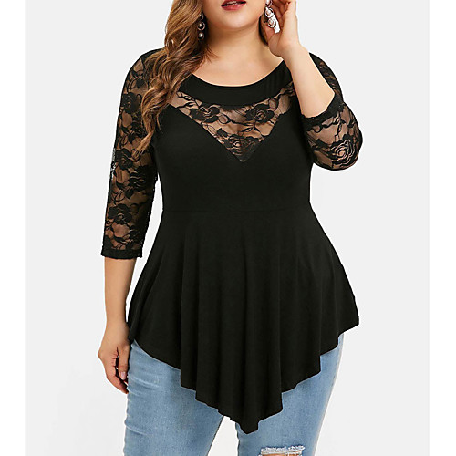 

Women's Plus Size Tunic Solid Colored See Through Lace Patchwork Round Neck Tops Basic Top Dark Gray Black Blue