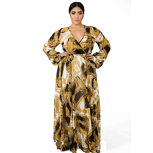 

Women's Swing Dress Maxi long Dress Yellow Short Sleeve Print Lace up Patchwork Print Fall V Neck Elegant Lantern Sleeve 2021 XXL 3XL 4XL 5XL / Plus Size