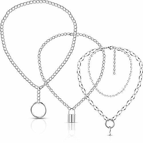 

punk chain choker lock pendant necklace long multilayer chunky choker (silver)