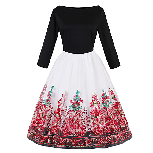 

Women's A Line Dress Knee Length Dress Red 3/4 Length Sleeve Floral Print Fall Round Neck Elegant Vintage Cotton 2021 S M L XL XXL 3XL 4XL