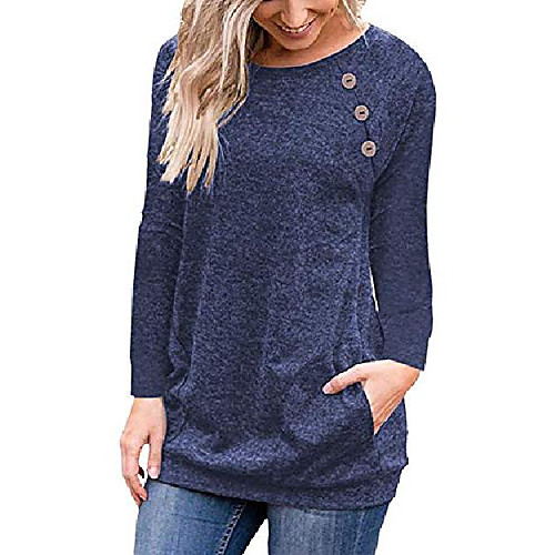 

navy women's casual long sleeve button t-shirt tunic top solid blouse pockets