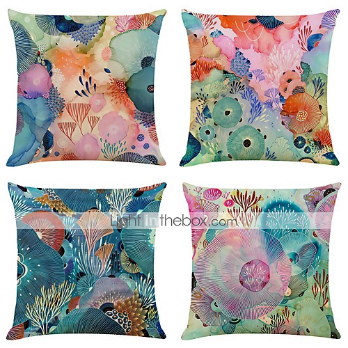 

Set of 4 Colorful Sea World Linen Square Decorative Throw Pillow Cases Sofa Cushion Covers 18x18