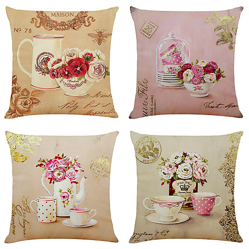 

Set of 4 Sweet Tea Set Linen Square Decorative Throw Pillow Cases Sofa Cushion Covers 18x18