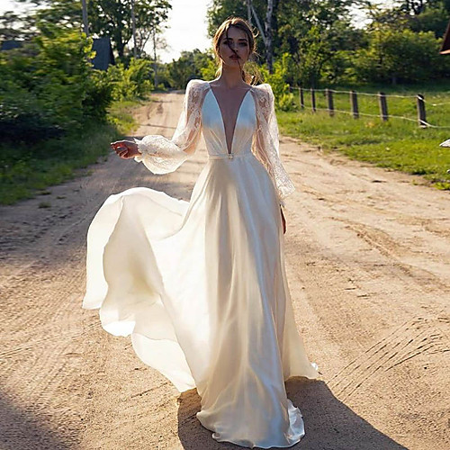 

Women's Swing Dress Maxi long Dress White Long Sleeve Solid Color Lace Patchwork Fall Spring V Neck Sexy Party Lantern Sleeve Slim 2021 S M L XL XXL