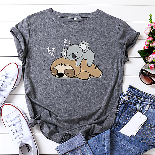 

Women's T-shirt Animal Cartoon Print Round Neck Tops 100% Cotton Basic Basic Top White Black Yellow