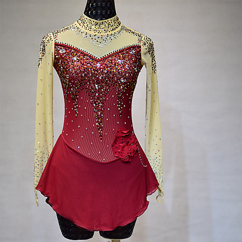 

21Grams Figure Skating Dress Women's Girls' Ice Skating Dress Burgundy Spandex High Elasticity Training Competition Skating Wear Patchwork Crystal / Rhinestone Long Sleeve Ice Skating Winter Sports