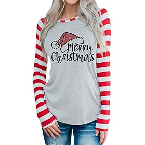 

merry christmas hat shirt women funny christmas stripe long sleeve o-neck splicing tops t-shirt grey