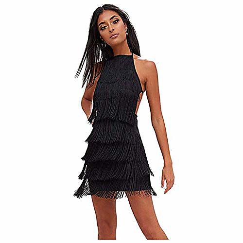 

women's gatsby 1920s tassel fringed strap dress sequined fringed skirt cocktail party inserts clothing sleeveless dress (black, m)