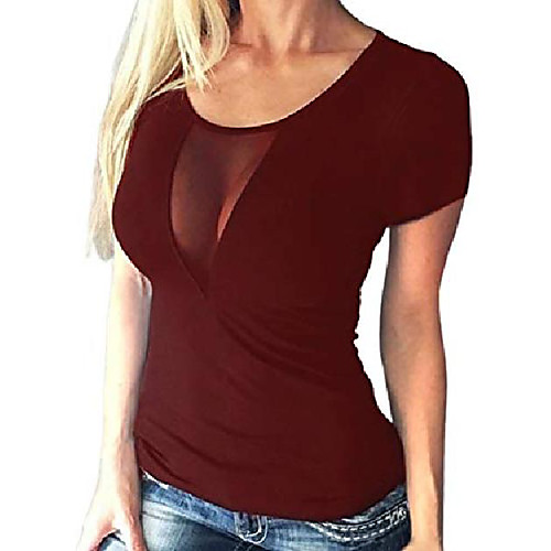 

womens tops sexy sheer see through t shirts round neck short sleeve slim fit blouse mesh tee for party clubwear wine red
