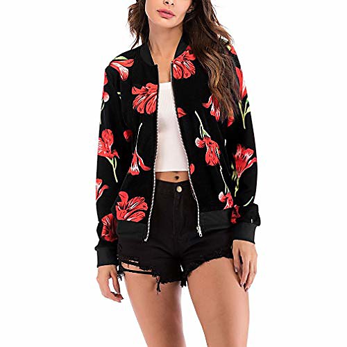 

long sleeve crane front zip bomber track jacket coat for women red flower#black xl