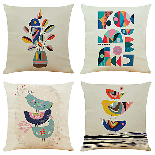 

Set of 4 Art Bird Linen Square Decorative Throw Pillow Cases Sofa Cushion Covers 18x18