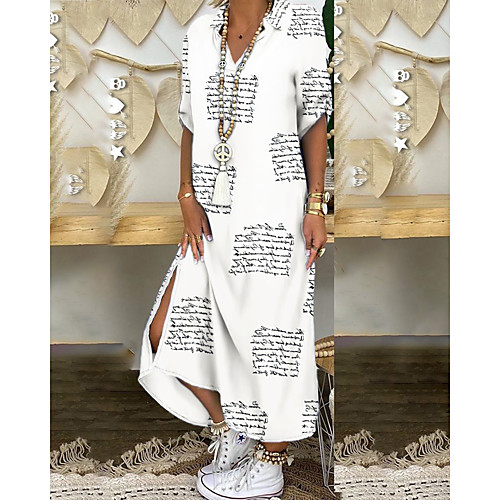 

Women's Shift Dress Midi Dress White Black Blue Red Rainbow Long Sleeve Print Patchwork Print Fall Spring V Neck Casual Oversized 2021 S M L XL XXL 3XL