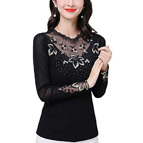 

women's elegant floral lace tops long sleeve mesh overlay lined blouses shirt (silver,xl)