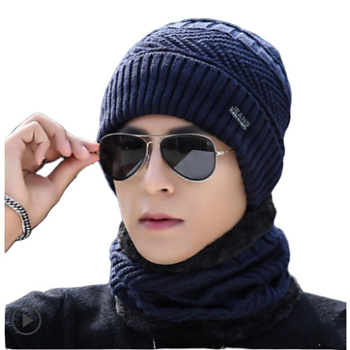 

Men's Hiking Cap Beanie Hat 1 set Winter Outdoor Windproof Warm Soft Thick Neck Gaiter Neck Tube Skull Cap Beanie Solid Color Woolen Cloth Black Blue khaki for Fishing Climbing Running