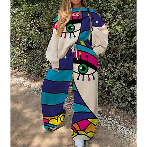 

Women's Color Block Two Piece Set Sweatshirt Tracksuit Pant Loungewear Drawstring Print Tops