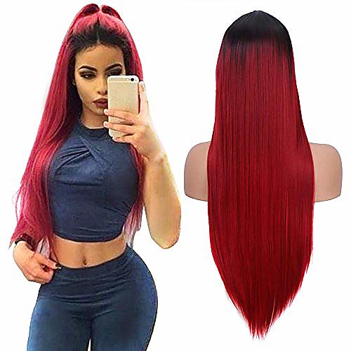 

ombre wine red wig women silky long straight wig fashion burgundy synthetic wig for cosplay party halloween costume 22 inches natural hairline middle part(with a free wig cap)