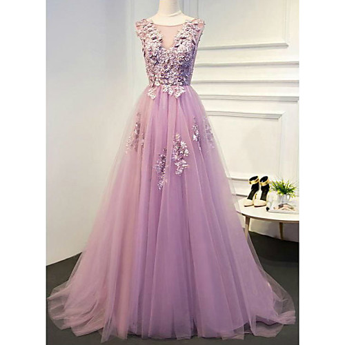 

A-Line Empire Floral Engagement Formal Evening Dress Illusion Neck Sleeveless Floor Length Lace Tulle with Pleats Appliques 2021