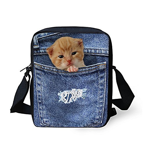 

denim kitten print crossbody shoulder bag for teens girls cell phone holder satchel