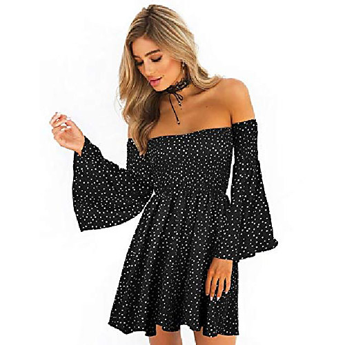 

women's dress summer floral long sleeve off shoulder casual mini dresses (polka dot-bk, s)