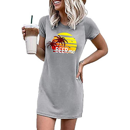 

women's summer beer me graphic printed tunic dress crew neck short sleeve plain casual tshirt dresses