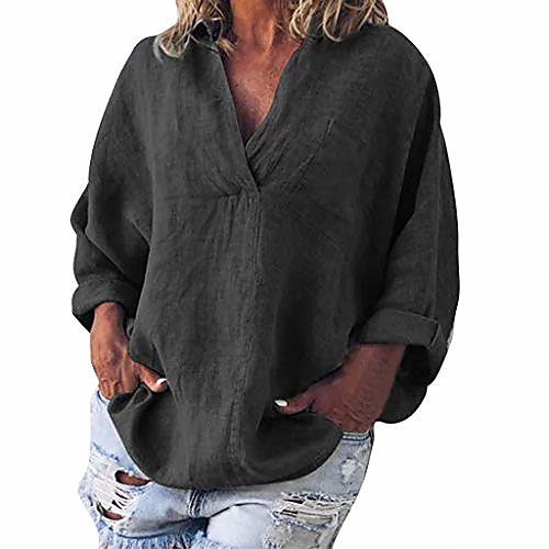 

women casual v neck solid blouse top loose cotton linen long sleeve t-shirts plus size tunic(black,xxxl)